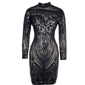 Black sequined geometric print bodycon dress